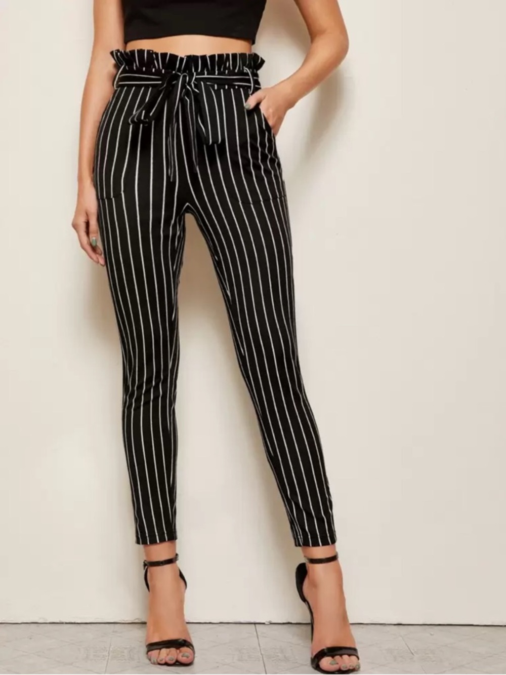 High Ruffle Waist Black Pinstripe Paperbag Stripe Pocket Pants Size XL / 12